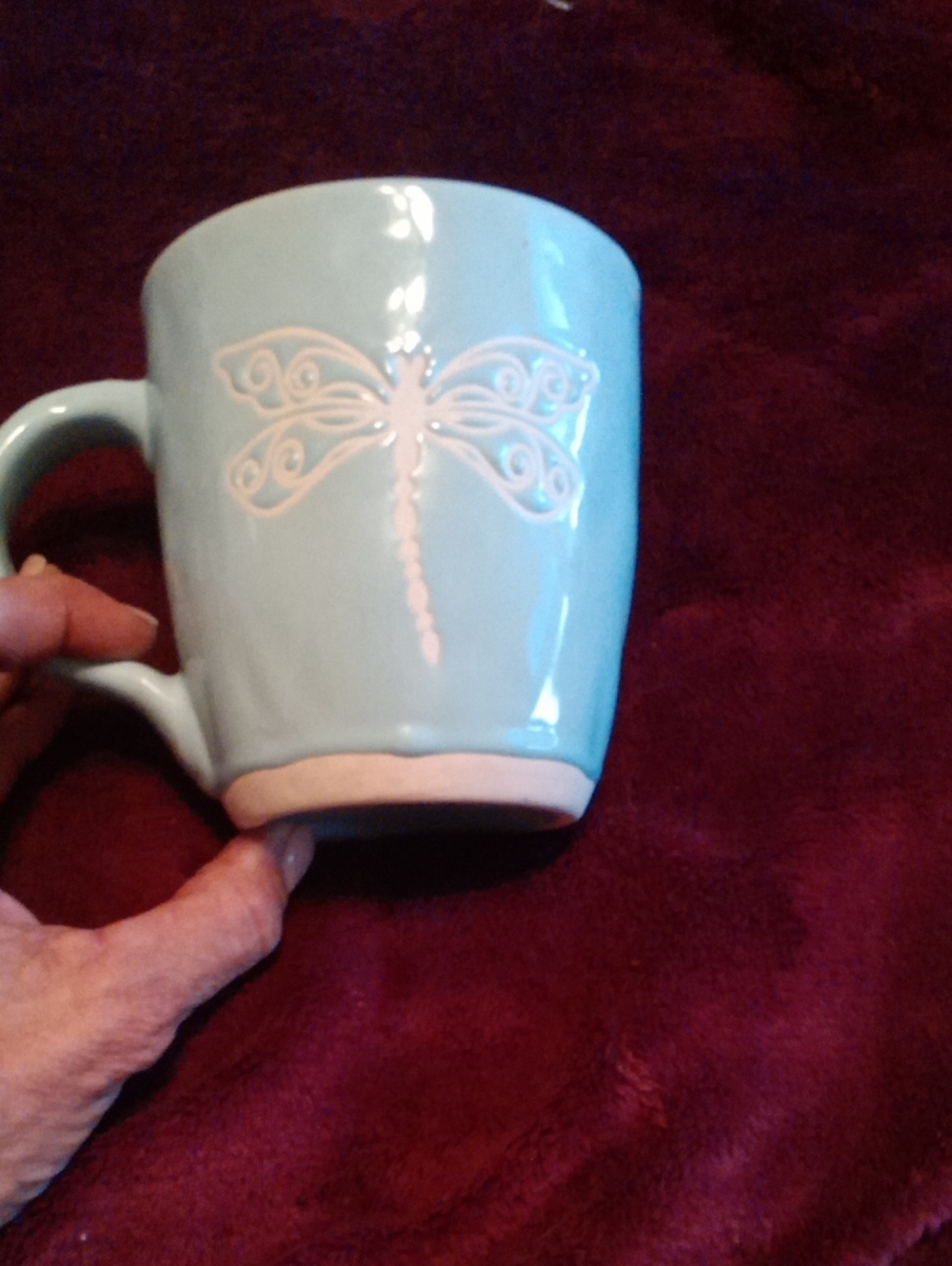 Blue Dragonfly Ceramic Coffee Mug - Accent Pink Detail